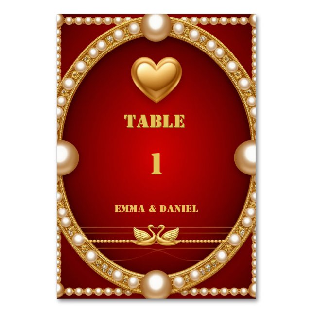 Red Gold Swan Wedding Couple Decor 💍 Table Number (Front)