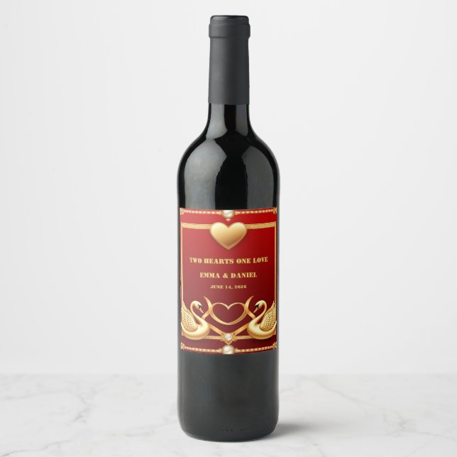 Red Gold Swan Wedding Couple Decor 💍 Wine Label (Front)