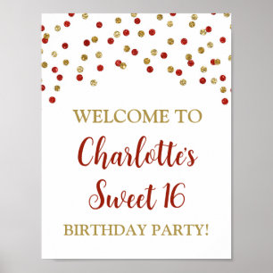 Red Gold Sweet 16 Birthday Custom 8.5x11 Poster