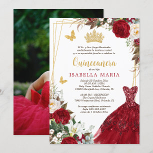 Red Gold Tiara Quinceañera Invitation en espagnol