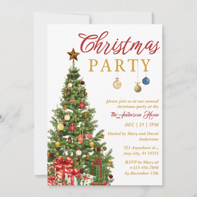 Red Gold Traditional Tree Christmas Party Invitation (Front)