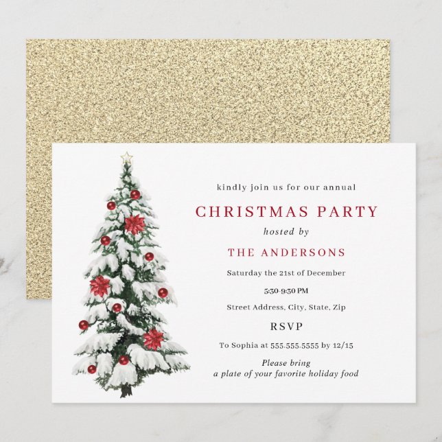 Red Gold Traditional Tree Christmas Party  Invitation (Front/Back)
