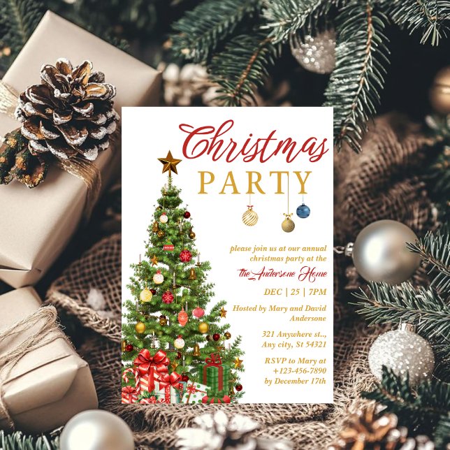 Red Gold Traditional Tree Christmas Party Invitation (Creator Uploaded)