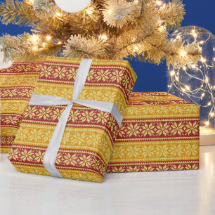Red Gold Ugly Sweater Knitted Christmas Snowflakes Wrapping Paper