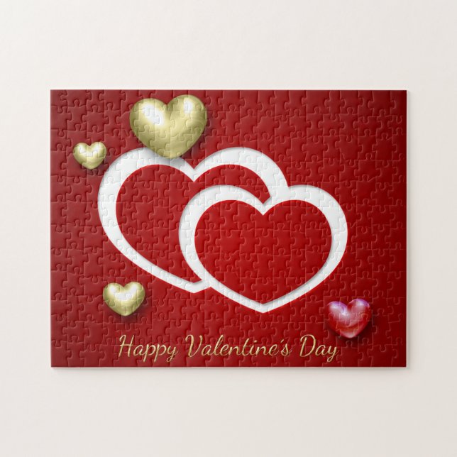 Red Gold Valentine's Day Romantic Hearts Jigsaw Puzzle (Horizontal)