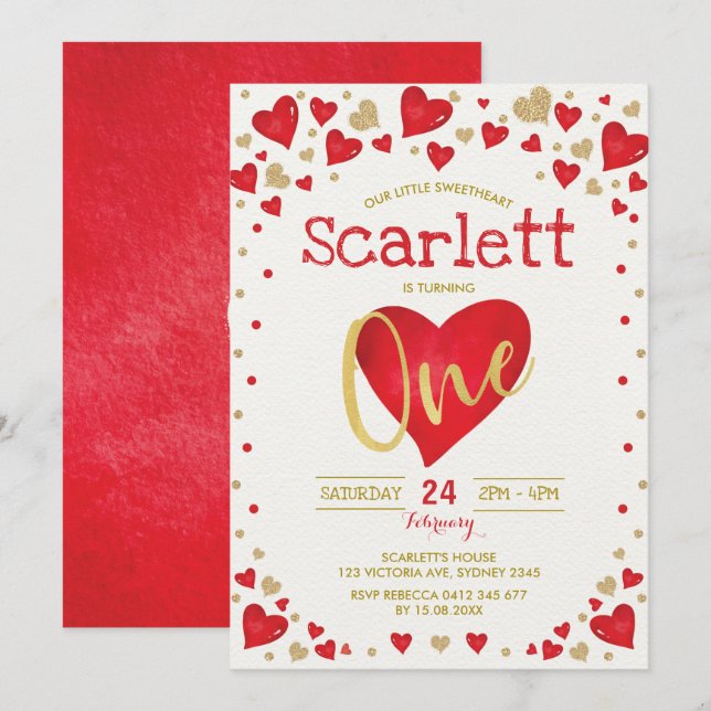 Red Gold Valentines Sweetheart 1st Birthday Invitation (Front/Back)