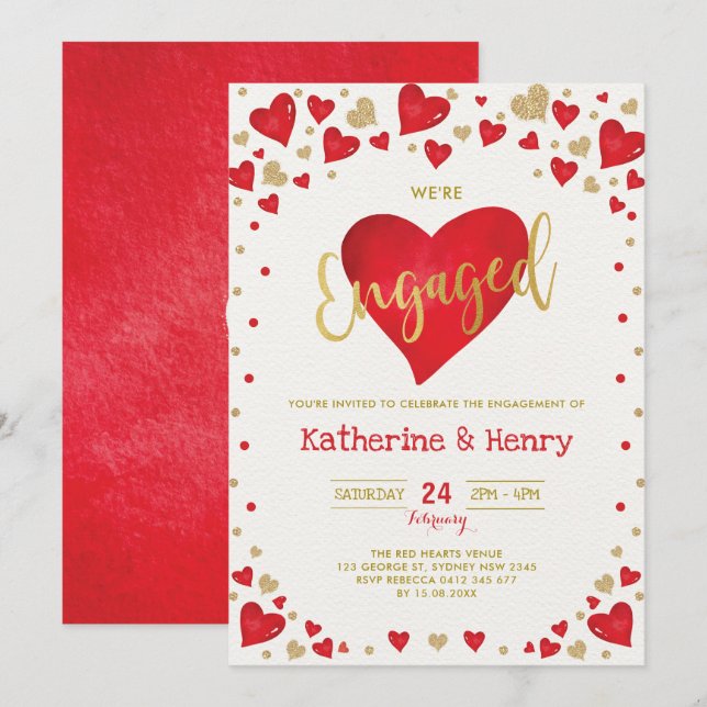 Red Gold Valentines Sweetheart Engagement Party Invitation (Front/Back)