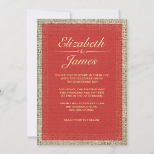 Red & Gold Vintage Burlap Wedding Invitations