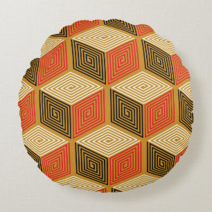 Red Gold Vintage Cube Pattern Round Pillow