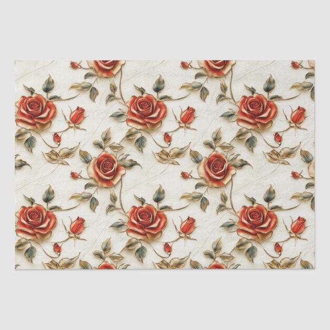 Red Gold Vintage Roses Tissue Paper (Front)