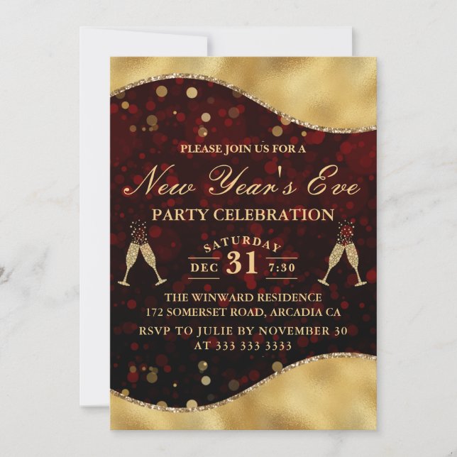 Red & Gold Wave Border New Year's Eve Party Invitation (Front)