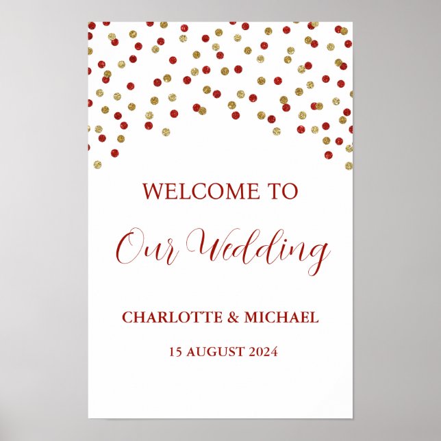 Red Gold Wedding Welcome Custom 12x18 Poster (Front)
