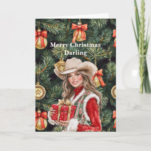 Red Gold Western Cowgirl Christmas Card