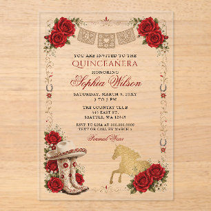 Red Gold Western Horse Floral Charra Quinceañera Acrylic Invitations