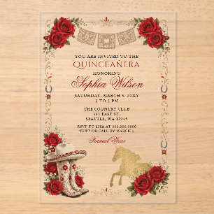 Red Gold Western Horse Floral Charra Quinceañera Acrylic Invitations