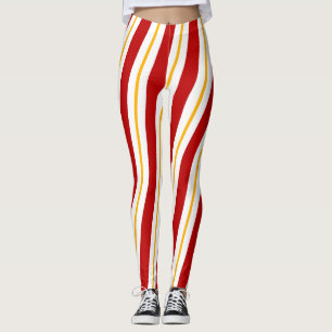 Red Gold & White Candy Cane Stripes Christmas Leggings
