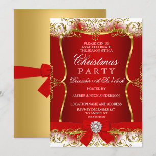 Red Gold White Damask Bow Noël Invitation