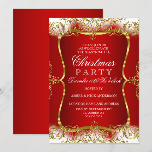Red Gold White Damask Christmas Party Invite