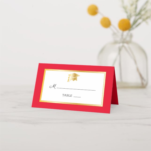Red | Gold | White Grad Cap Place Cards (Front)
