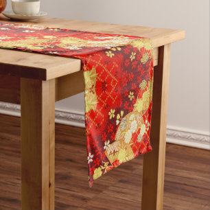 Red Gold White Japanese Floral Cotton Dining  Short Table Runner