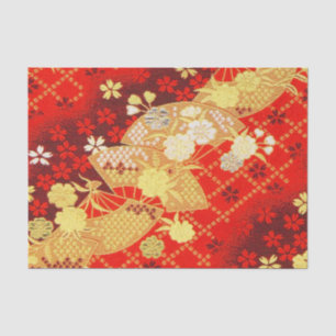 Red Gold White Japanese Kimono Floral Decoupage Tissue Paper