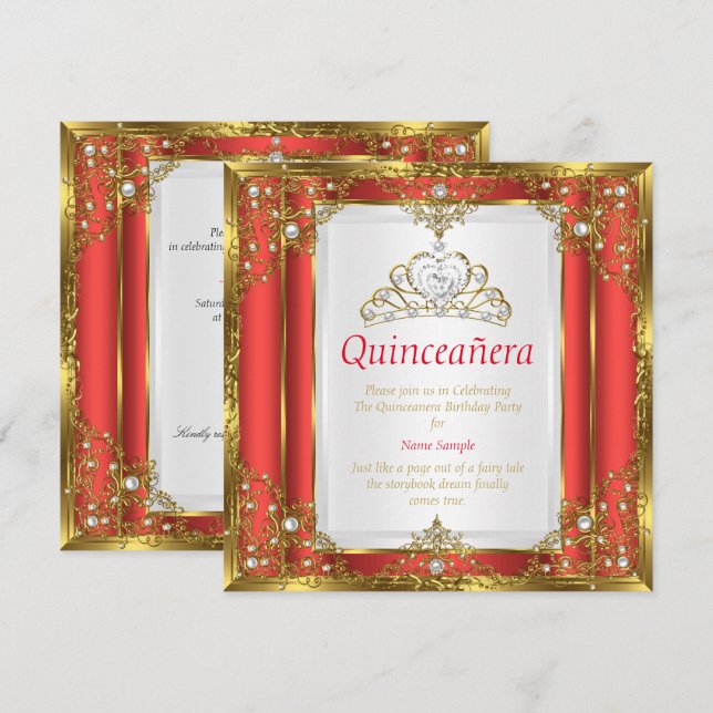 Red Gold White Pearl Princess Quinceanera Invitation (Front/Back)