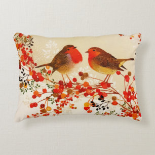 Red Gold Winter Birds Holly Berry Branches Accent Pillow