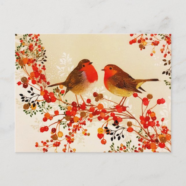 Red Gold Winter Birds Holly Berry Branches Holiday Postcard (Front)