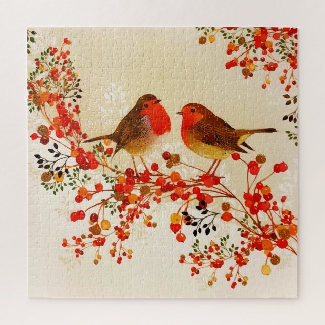 Red Gold Winter Birds Holly Berry Branches Jigsaw Puzzle (Vertical)
