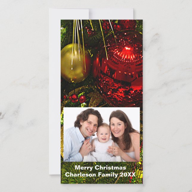 Red & Gold Xmas Ornaments Tree Vertical Photo Card (Front)