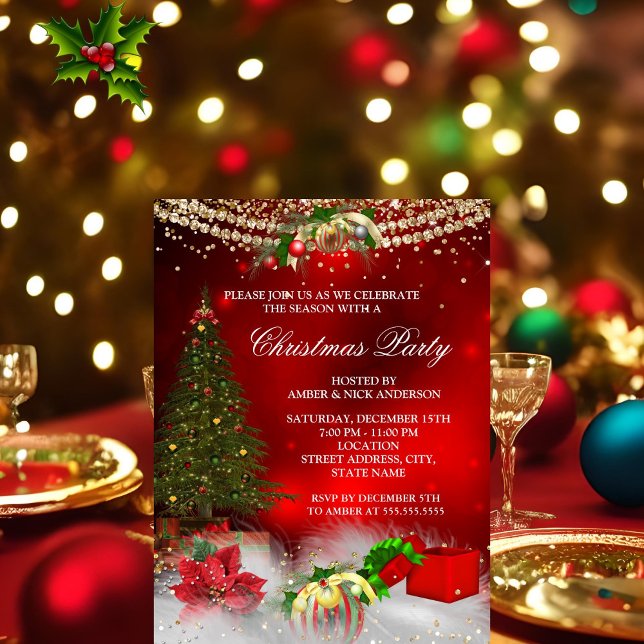Red Gold Xmas Tree festive Christmas Party Invitation (Creator Uploaded)