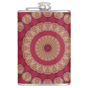 Red Gold Yellow rosettes Mandala Hip Flask