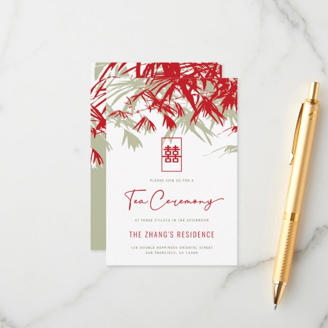 Red/Gold Zen Bamboo Leaves Chinese Tea Ceremony Enclosure Card (Front/Back In Situ)