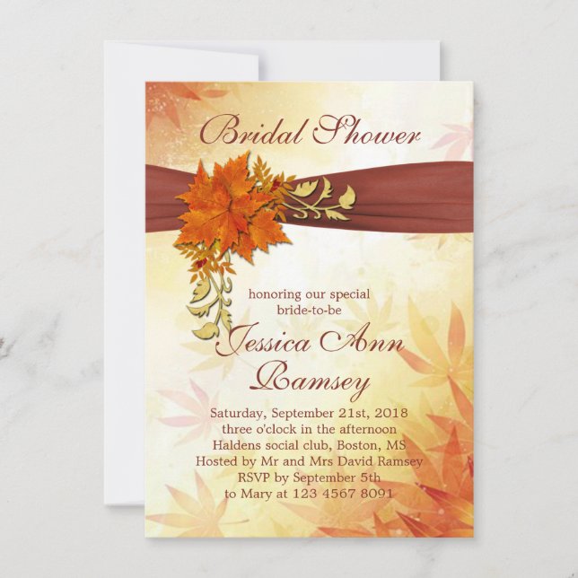 Red & golden Autumnal leaves Bridal Shower Invite (Front)