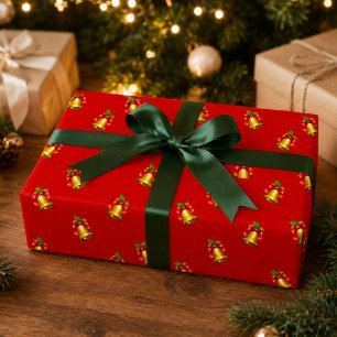Red Golden Bells and Holly Christmas Wrapping Paper