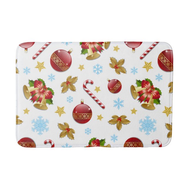 Red & Golden Christmas balls, Christmas holly Bath Mat (Front)