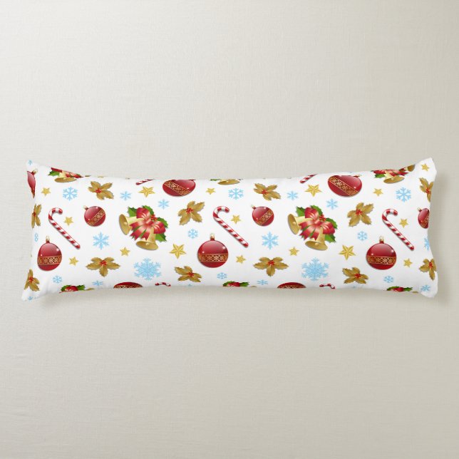 Red & Golden Christmas balls, Christmas holly Body Pillow (Front)
