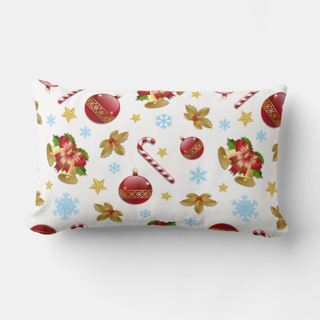Red & Golden Christmas balls, Christmas holly Lumbar Pillow (Front)