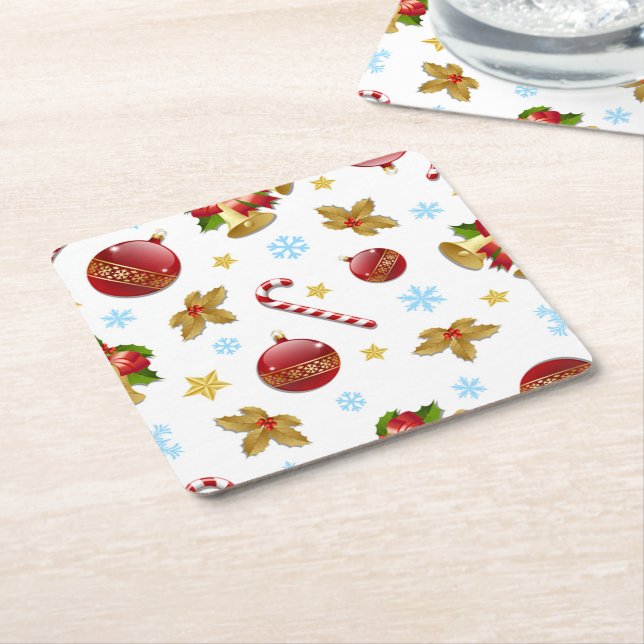 Red & Golden Christmas balls, Christmas holly Square Paper Coaster (Angled)