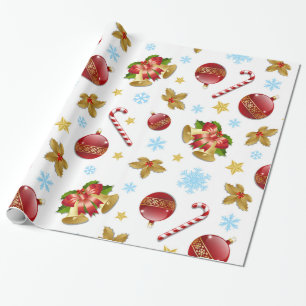Red & Golden Christmas balls, Christmas holly Wrapping Paper
