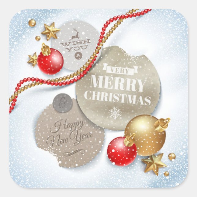 Red,Golden Christmas Balls, Star on Sparkling Snow Square Sticker (Front)