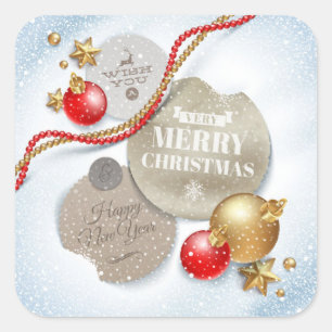 Red,Golden Christmas Balls, Star on Sparkling Snow Square Sticker