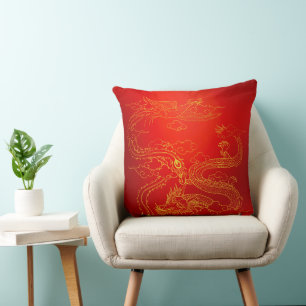 Red Golden Dragon Phoenix Lucky Omen Rejoicing Throw Pillow