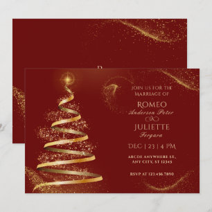 Red golden elegant christmas tree wedding invitation