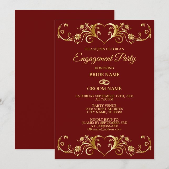 Red Golden Geometric Elegant Engagement Party Invitation (Front/Back)