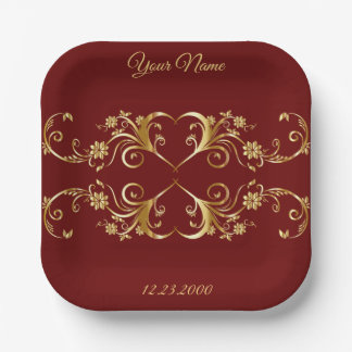 Red Golden Geometric Elegant Wedding Party Paper Plate