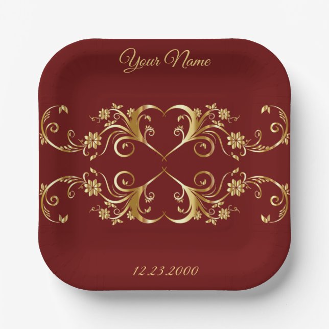 Red Golden Geometric Elegant Wedding Party Paper Plate (Front)