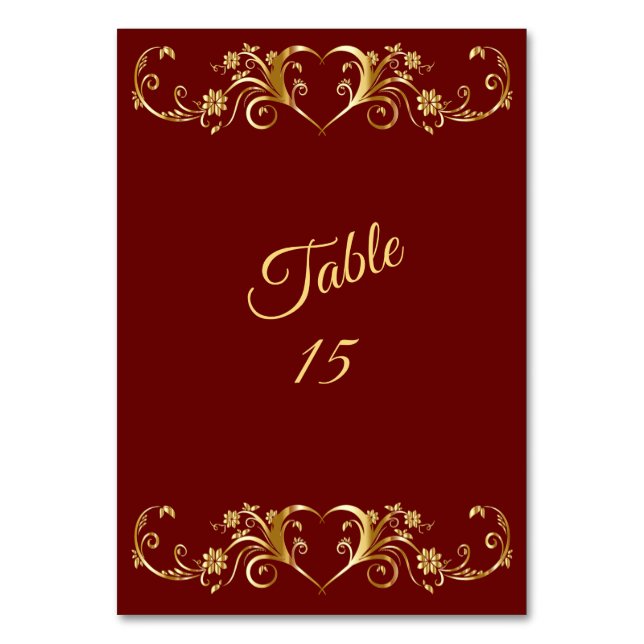 Red Golden Geometric Elegant Wedding Party Table Number (Front)