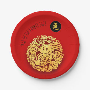 Red Golden Rabbit Papercut Chinese New Year 2023 P Paper Plate