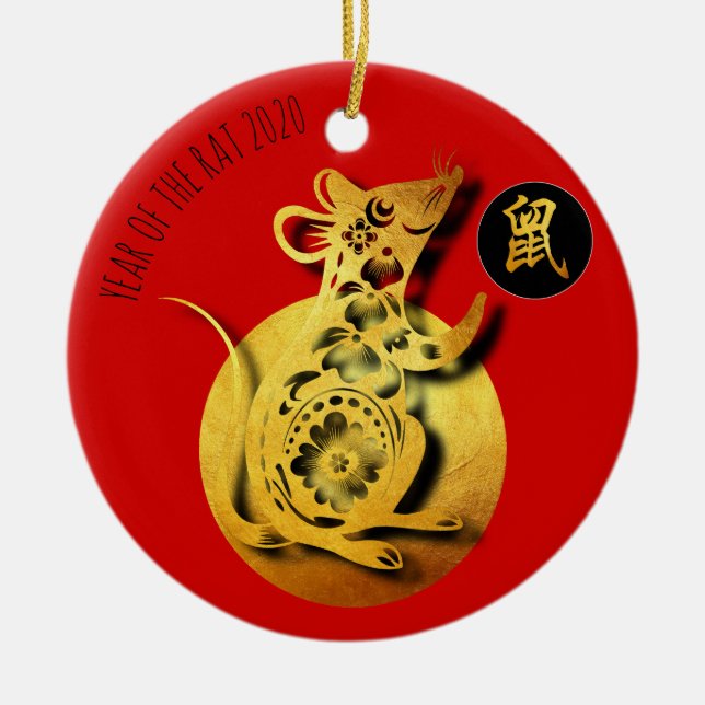 Red Golden Rat Papercut Chinese New Year 2020 RO Ceramic Ornament (Front)